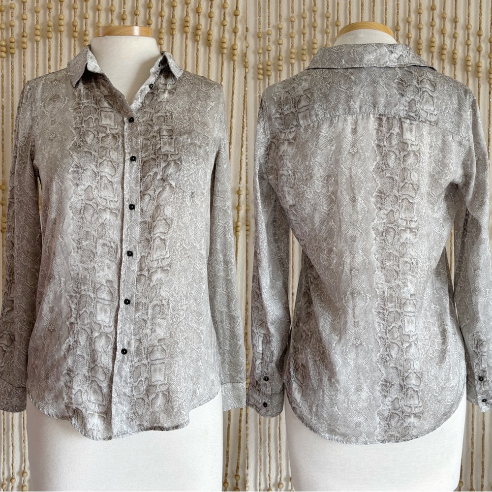 MNG Silky Y2K 2000s Light Gray Snakeskin Print Long Sleeve Collared Button Top